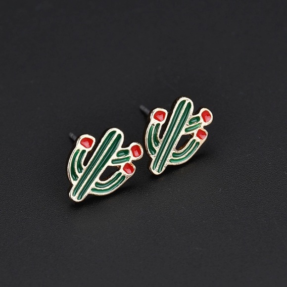 Cutesy Cactus Stud Earrings Green Red Dainty New - Picture 5 of 5